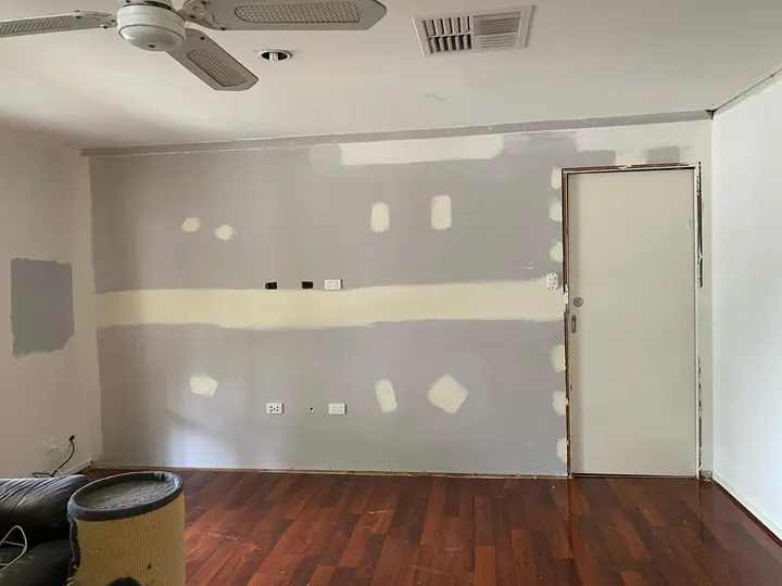 Living area in Ascot hung with new Gyprock sheets and set joints
